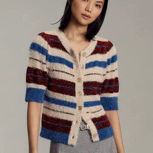 NWT Anthropologie Maeve Short-Sleeve Fuzzy Cardigan Sweater XS blue stripe